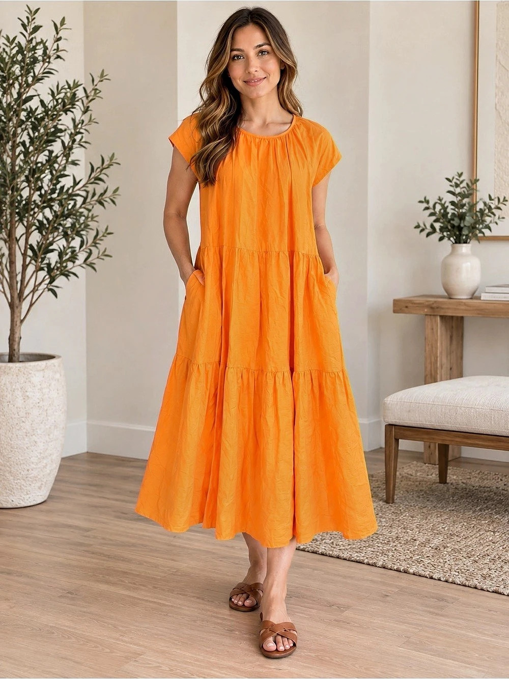 NWT Weekend Max Mara Orange Linen Tiered Midi Dress Pockets Size 8 51"L Pit 16"